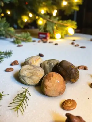 Pierres roulées en bois fossilisé présentées dans un décor hivernal